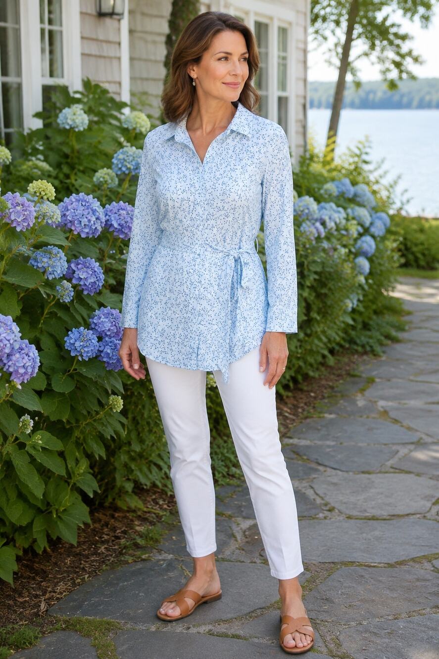 Liz Claiborne M Blue Floral Cotton Blend Belted Tunic Blouse Coastal Long Sleeve